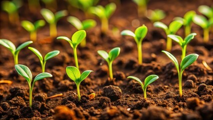 Wall Mural - Close up of vibrant green plants sprouting from rich brown soil, plants, green, emerging, growing, soil, nature, close up