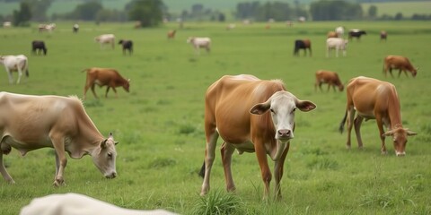 Wall Mural - Cattle grazing in a picturesque green field on an eco-friendly waste management farm, agriculture, eco-friendly