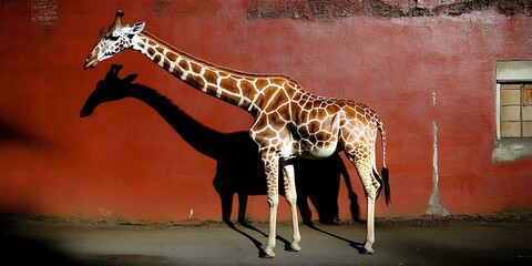 Poster - Giraffe standing near a red wall at night, casting a long shadow.