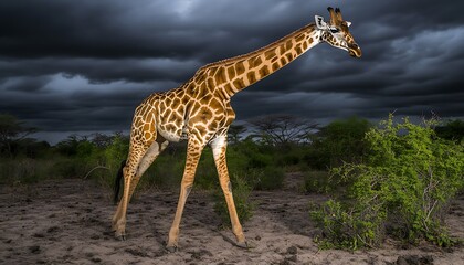 Poster - Giraffe standing in savanna under stormy sky.