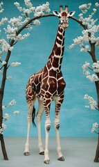 Poster - Giraffe standing under blooming trees against a blue background.