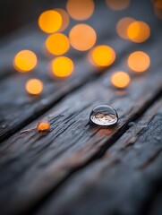 Canvas Print - Glass sphere on rustic wood with bokeh lights.