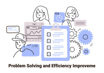 Poster - problem solving and efficiency improvement concept with people gears charts checklist minimalist han