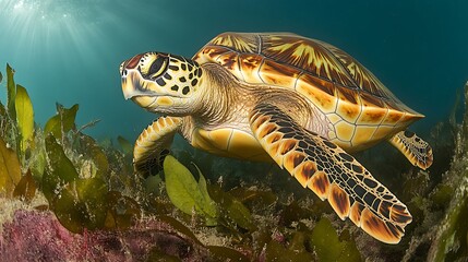 Poster - Green sea turtle swimming underwater among seaweed.