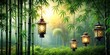 © Watcharapon - Bamboo trees and Chinese lamp silhouettes in a peaceful garden setting, bamboo, trees, Chinese, lamps, silhouettes, garden