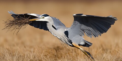 Poster - Grey heron in flight carrying nesting material.