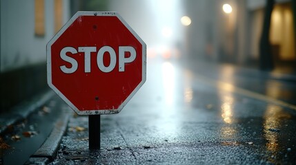 Wall Mural - Stop sign on wet street at night.