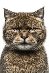 Wall Mural - Grumpy brown tabby cat portrait on white background.