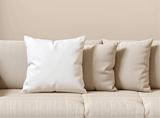 Wall Mural - A blank pillow placed on a cozy daybed with soft, warm tones in the background. The minimalist aesthetic makes it ideal for showcasing mockups for e-commerce or creative branding projects.