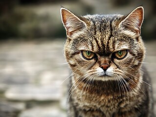 Wall Mural - Grumpy tabby cat with intense glare outdoors.