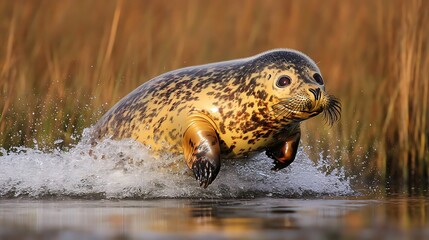 Wall Mural - Harbor seal pup emerging from water, splashing.