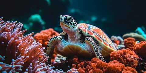 Poster - Hawksbill sea turtle resting on vibrant coral reef.