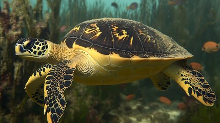 Poster - Hawksbill sea turtle swimming in coral reef.