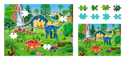 Poster - Prehistoric dinosaurs landscape jigsaw puzzle game pieces, vector worksheet. Kids jigsaw puzzle game to find and match cutout pieces of picture with Jurassic dinosaurs, funny dino lizards and reptiles