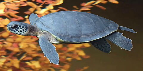 Poster - Juvenile sea turtle swimming underwater among orange foliage.