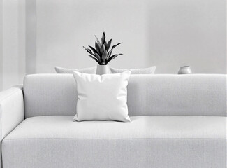 Wall Mural - A blank pillow empty design on a light-colored modern sofa, with a minimalist living room background. The simple setting is perfect for adding custom design elements.