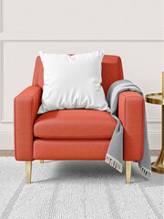 Wall Mural - A soft blank pillow placed on a warm-toned armchair in a modern living room setting. The perfect spot for showcasing custom designs and marketing ideas.