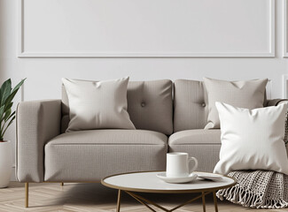 Wall Mural - Minimalist living room mockup featuring a soft, blank pillow on a modern sofa, ideal for showcasing personalized designs or branding.