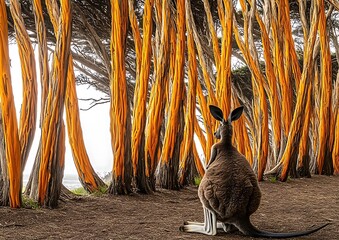 Wall Mural - Kangaroo sitting amidst vibrant orange trees.