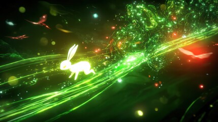 Wall Mural - Abstract digital art of a white rabbit running through a glowing green energy field.