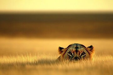 Poster - Lioness hiding in tall grass at sunset.