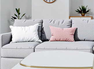 Wall Mural - The focus is on a blank pillow set on a modern, neutral-toned sofa, placed in a clean living room with minimalist decor. Ideal for showcasing designs or brand logos.