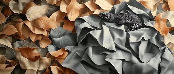 Poster - Lizard resting on grey fabric amidst autumn leaves.