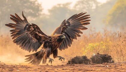 Wall Mural - Majestic eagle landing, wings spread, dust rising from ground.