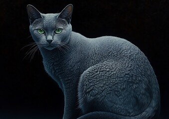 Poster - Majestic gray cat with piercing green eyes sits against a dark background.