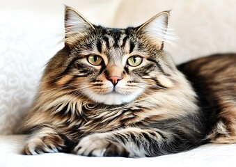 Poster - Majestic longhair tabby cat resting on soft fabric.