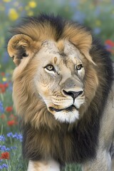 Wall Mural - Majestic male lion portrait amidst vibrant wildflowers.