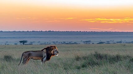 Poster - Majestic male lion standing in tall grass at sunrise, savanna landscape.