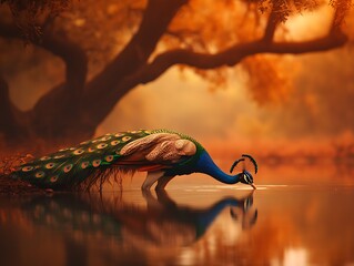 Wall Mural - Majestic peacock drinking water, reflecting in calm water, autumnal setting.