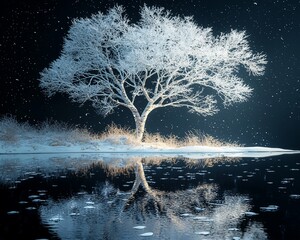 Canvas Print - Frosty tree reflected in calm winter water at night.