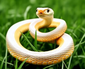 Wall Mural - Pale yellow snake coiled in green grass.