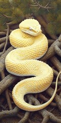 Wall Mural - Pale yellow snake coiled on forest branches.