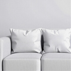 Wall Mural - Blank pillow on a sofa in a village-style minimalist living room, perfect for product design mockups.