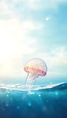 Poster - Pink jellyfish floats in ocean water.