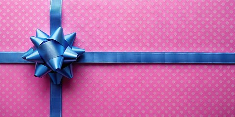 Wall Mural - Blue gift ribbon and bow contrasting against pink wrapping paper, celebration, gift, present, surprise, festive