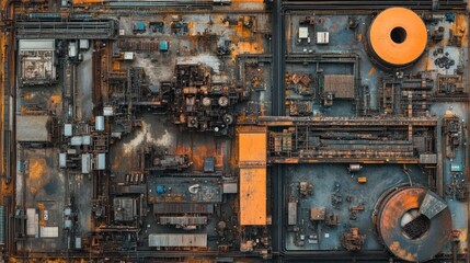 Wall Mural - Bird's eye view of a steel manufacturing plant: A vast industrial site with furnaces, conveyor systems, and rolling mills.