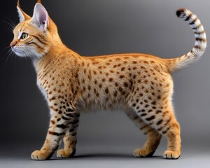 Poster - Profile of a young, orange spotted cat with a long, ringed tail.