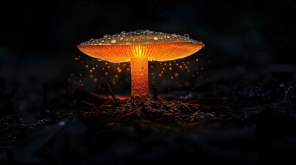 Luminous backlit glowing forest mushroom with drops, captured in a dark shot, hyperdetailed