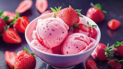 Wall Mural - Bowl of strawberry ice cream with strawberry fruits on the table