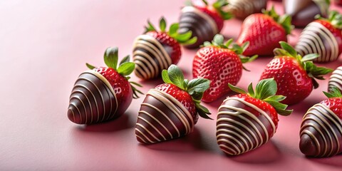 Wall Mural - Chocolate covered strawberries on a pink background, chocolate, strawberries, dessert, sweet, indulgent, treat, snack, pink