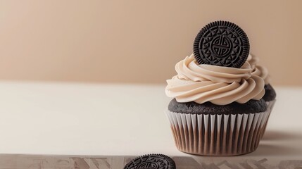 Wall Mural - Chocolate Cupcakes with beige frosting and a cookie placed on top of the cupcake, against a beige background