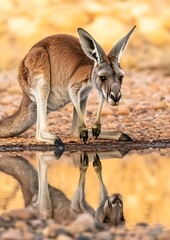 Wall Mural - Red kangaroo drinking water, reflecting in a puddle.