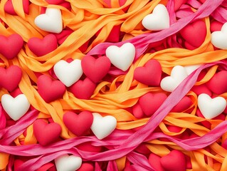 Canvas Print - Red, pink, white hearts and ribbons background.