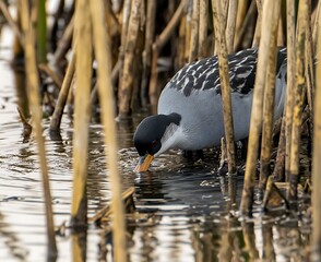 Wall Mural - Red-necked grebe foraging in reeds, wetlands.