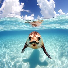 Poster - Sea lion pup surfacing in clear turquoise water, sunny sky.