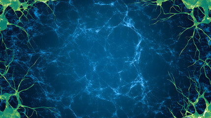 Poster - A vibrant digital illustration depicting interconnected neural structures against a blue background, symbolizing brain activity and connectivity